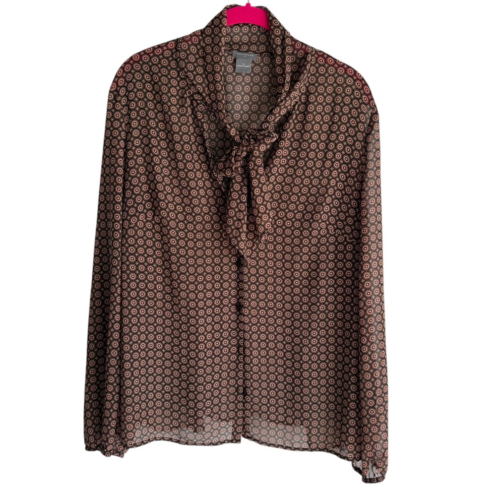 ANN TAYLOR Brown Sheer Tie Neck Ladies Long Sleeve Button Front Blouse, 16
